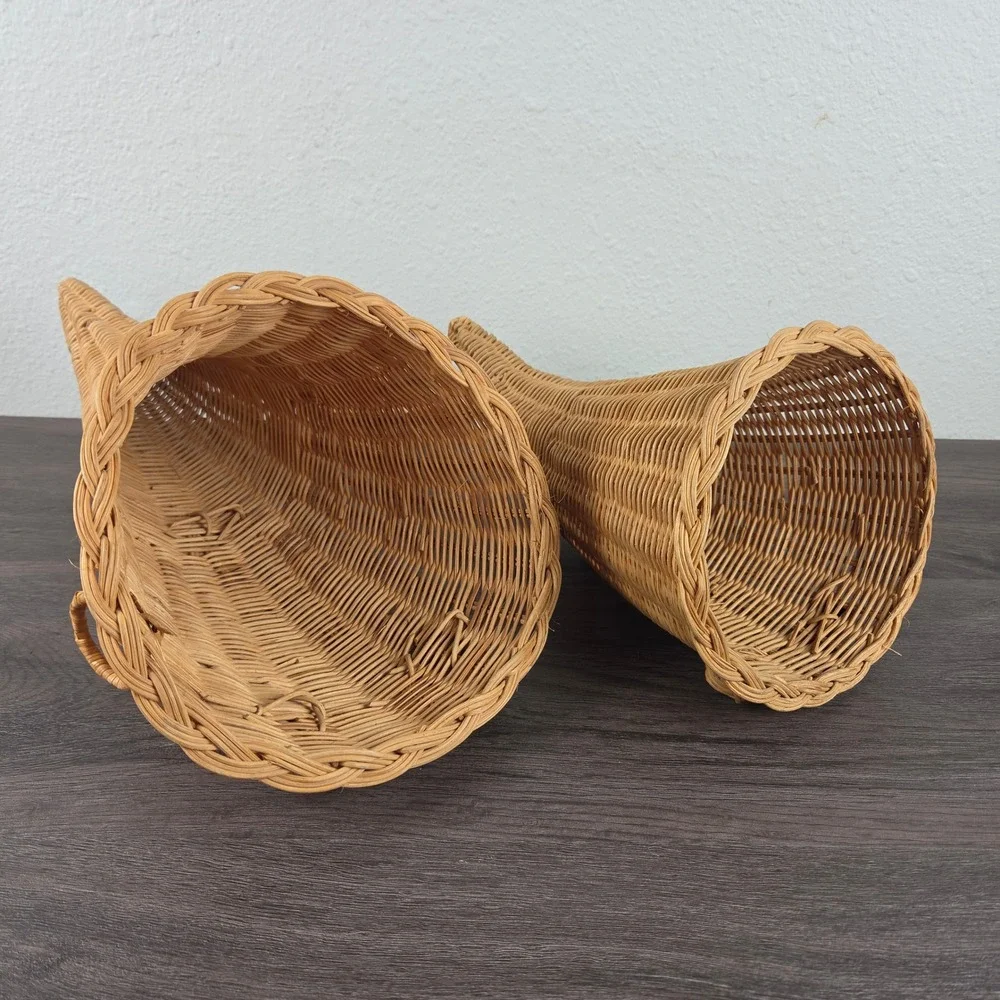 Vintage Wicker Cornucopia Basket 2pc Set Tan Thanksgiving Fall Decor Rustic